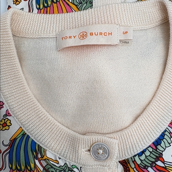 Tory Burch Silk Front Wool Cardigan Sweater Floral Peacock Cream Button-up READ - Picture 4 of 16